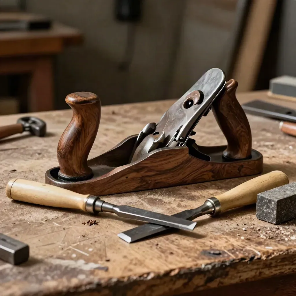 Cepillo manual, formones, sargentos y piedra de afilar sobre un banco de taller oscuro.