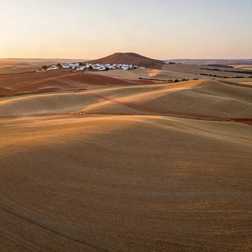 Llanura dorada de Castilla-La Mancha con un caserío lejano y calima suave.